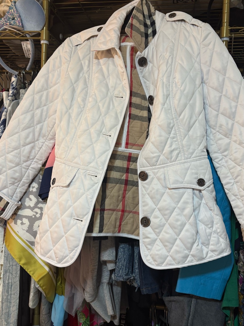 Burberry Brit White Quilted Jacket with Signature Check Lining Authentic